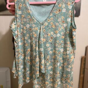 Floral V-Neck Blouse - Mint and Cream